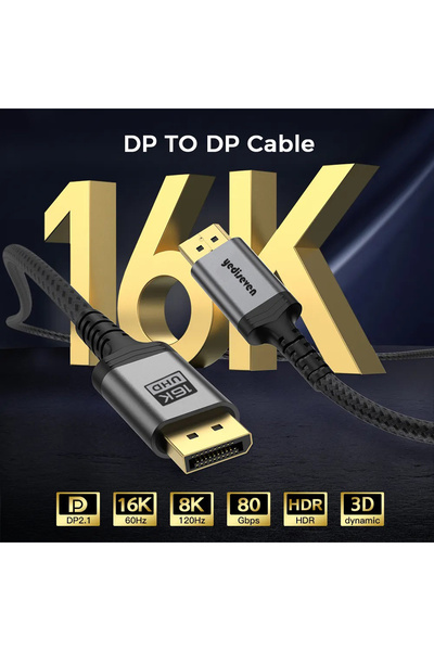 yediseven Displayport to Displayport Dp 2.1 Görüntü Aktarma Kablosu 16K@60Hz 80Gbps 2 Metre