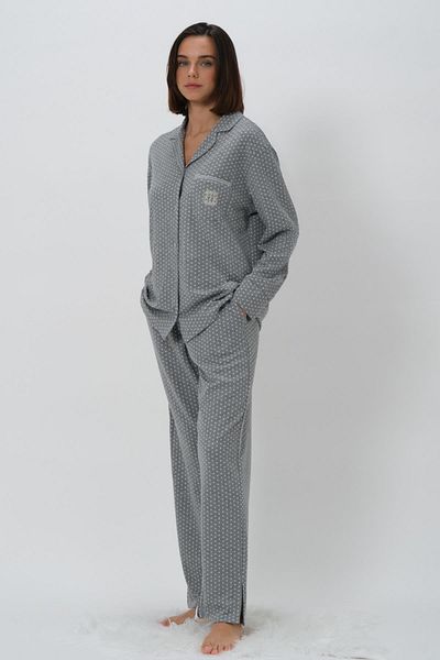 Zeyland Costum de pijama gri, cu mânecă lungă, cu nasturi în față, 100% bumbac CTN90