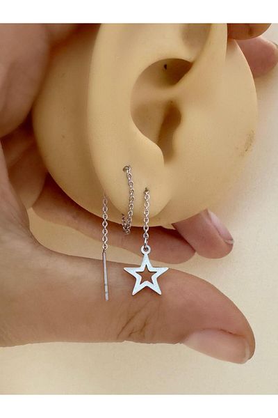 Arescollection 1 Pcs Surgical Steel Double Hole Chain Earring
