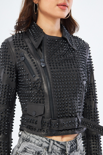 DIVALORE Strass Taşlı Hakiki Deri Biker Ceket