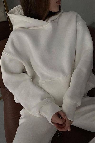 Madmext Weißes, geripptes Oversize-Sweatshirt mit Kapuze MG1566