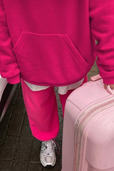 Madmext Fukszia kapucnis, bordázott, túlméretezett pulóver MG1566