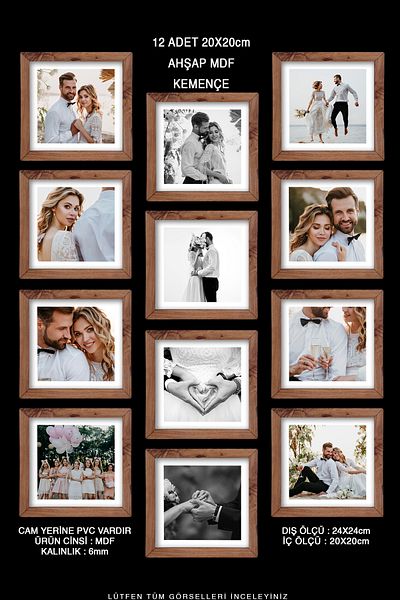 bymat 12 Pieces 20x20 Frame - Kemençe Frame - MDF Square Frame - Multiple Photo Frame Set