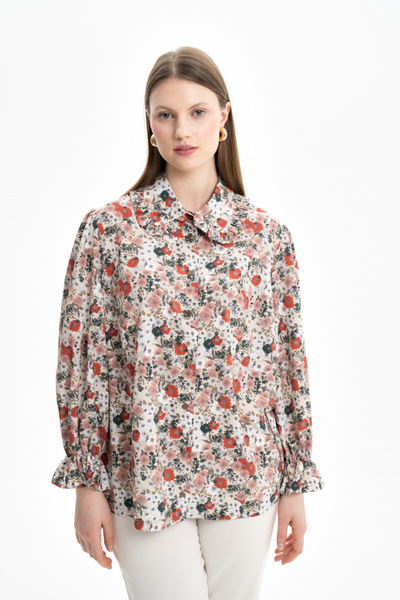 Aker Yakası Ve Kolları Detaylı Desenli Bluz