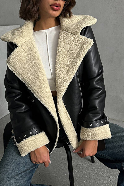 Neşeli Butik kadın siyah deri içi kıvırcık biker ceket NBG049