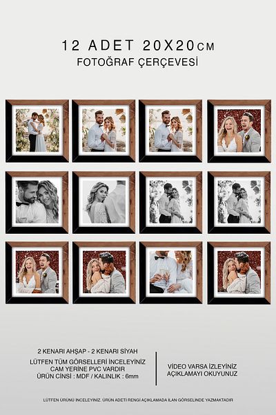 bymat 12 Pieces 20X20 Frame - Mdf Square Frame - Photo Frame - Wood-Black 2 Colors