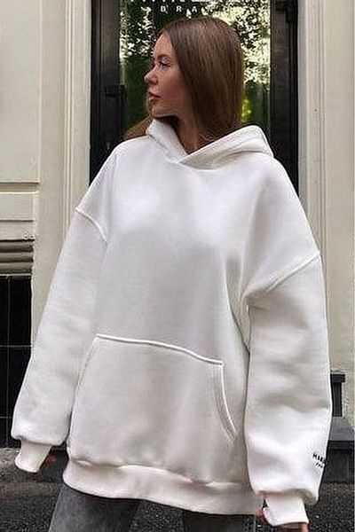 Madmext Weißes, geripptes Oversize-Sweatshirt mit Kapuze MG1566