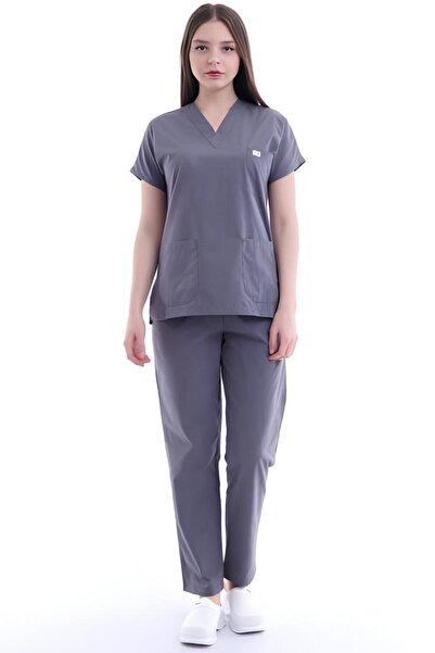 ZİLONG Hastane Likralı Medikal Gri Kadın Hemşire Sağlık Önlük Ve Forma Takım