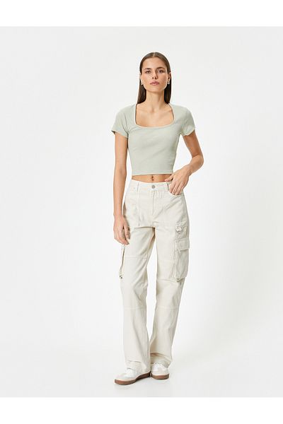 Koton Back Low-cut T-shirt Crop Short Sleeve Ribbed Slim Fit