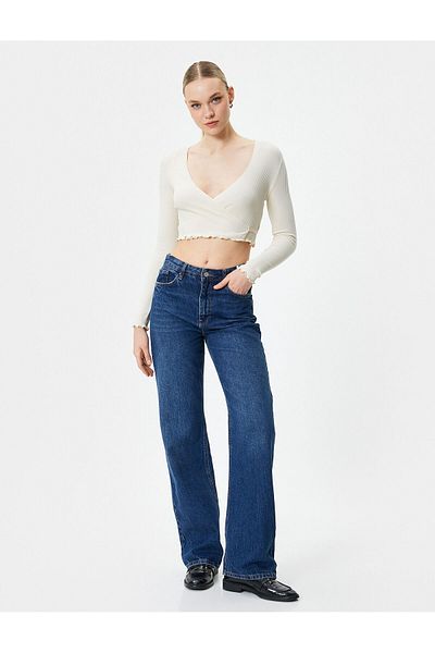 Koton Zweireihige Crop Bluse zum Binden V-Ausschnitt Langarm Gerippt