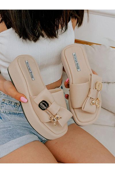 ERVANIN BUTİĞİ Beige Satin (Baby) Buckle Detail Women's Slippers