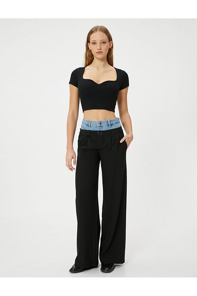 Koton Μπλουζάκι Heart Collar Crop με ριμπ κοντό μανίκι Slim Fit