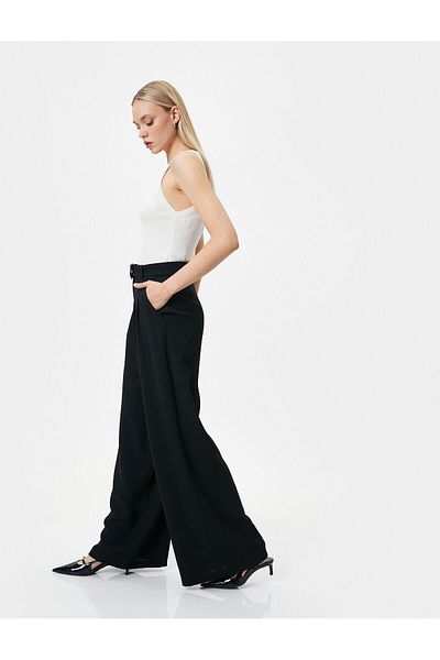 Koton Wide Leg Trousers with Belt Detail, High Waist and Pocket