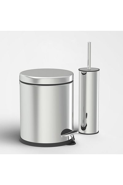 Alper Banyo 3 Lt Stainless Chrome Trash Can and Toilet Bowl Brush Set