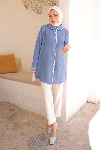 İmajButik Λινό πουκάμισο Indigo με λεπτομέρεια στο μπροστινό γιακά