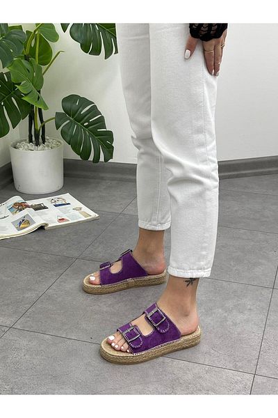 ERVANIN BUTİĞİ Purple Suede (Bloody) Wicker Buckle Detail Women's Slippers