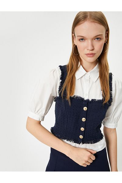 Koton Tweed ύφασμα Balloon Sleeve Μπλούζα Crop - Γιακάς πουκαμίσου