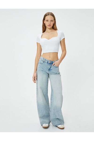 Koton Tričko se srdíčkovým límcem Crop s žebrovaným krátkým rukávem slim fit