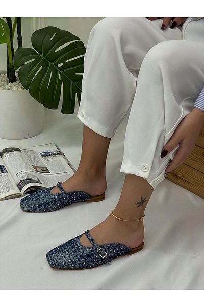 ERVANIN BUTİĞİ Blue Denim - Stone Detailed Women's Slippers (Boris)