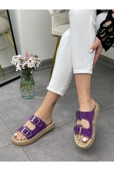 ERVANIN BUTİĞİ Purple Suede (Bloody) Wicker Buckle Detail Women's Slippers