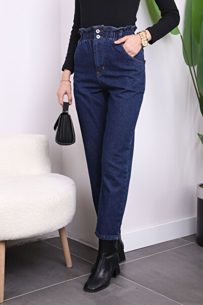 İmajButik Sötétkék elasztikus derekú Mom Jeans nadrág