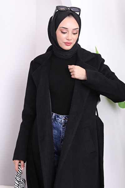 İmajButik Μαύρο μακρύ παλτό με ζώνη μέσης