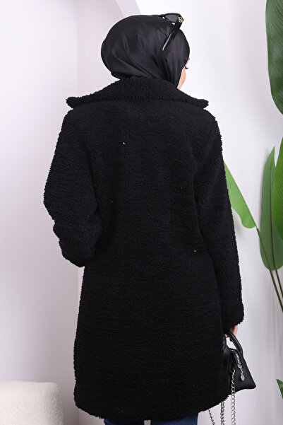 İmajButik Μαύρο βελούδινο παλτό Angora με τσέπη