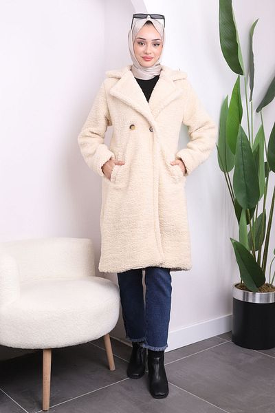İmajButik Παλτό Angora βελούδινο με κρεμ τσέπες