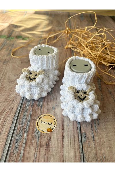 seraskids Hand Knitted White Lamb Figured Baby Panduf Booties