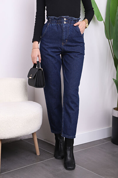 İmajButik Sötétkék elasztikus derekú Mom Jeans nadrág