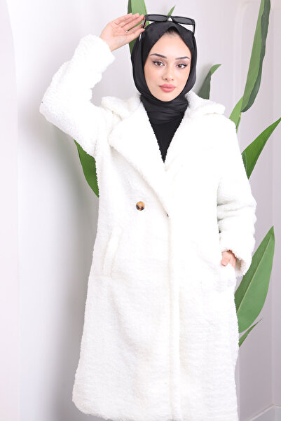 İmajButik Ecru Pocket Angora Plush Coat