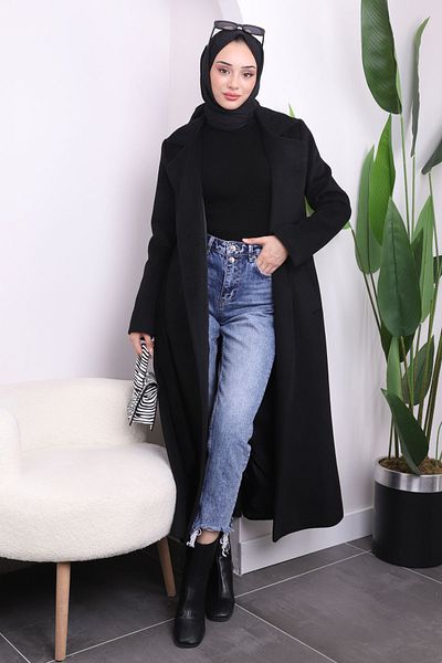 İmajButik Μαύρο μακρύ παλτό με ζώνη μέσης
