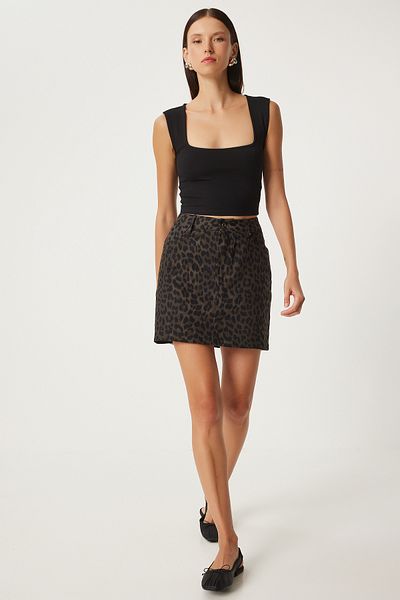 Lovelyİstanbul Leopard Print Mini Denim Skirt Black Brown Lul0007