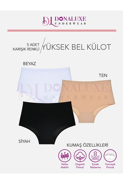 Donaluxe Chiloți din bumbac moale, cu talie înaltă, negru, alb, pentru femei, pachet de 5