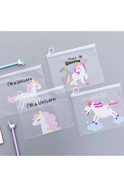 NaSaDAN 1Pc Unicorn Zippered Transparent File Pen Holder Storage Bag