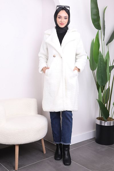 İmajButik Λούτρινο παλτό Angora με τσέπες εκρού