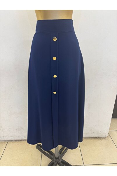 PEMBE ÇİZGİ Fusta Mevlana Tesatura cu nasture lungi Hijab Albastru Inchis