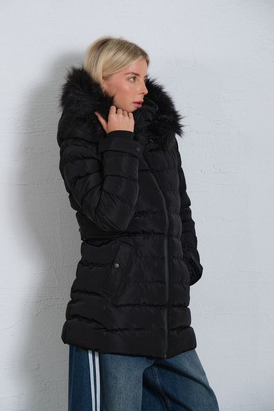 Maule Black Faux Fur Hooded Anorak for Women - Water Repellent Fabric with Detachable Micro Coat Coat @Jasmin