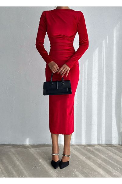 Sobce Stretchy Fabric - Long Sleeve Red Velvet Women's Dress, Wide Collar