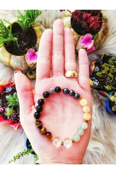 Nelleovana Leo Zodiac Bracelet - Tiger Eye, Citrine, Aventurine, Hematite, Tourmaline, Onyx, Crystal Quartz