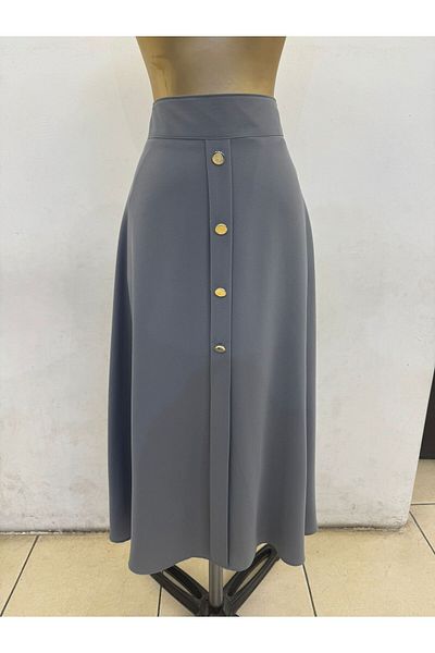 PEMBE ÇİZGİ Gray Hijab Long Mevlana Skirt - with Button Accessories