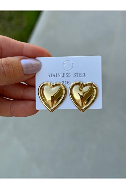 HERCY 316 L Paslanmaz Çelik Gold Kalp Model Küpe | Kalp Küpe