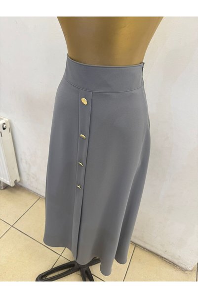 PEMBE ÇİZGİ Hijab Long Button Accessory Fabric Mevlana Skirt Gray