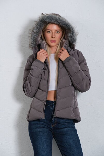 Maule Γκρι γυναικεία κουκούλα από ψεύτικη γούνα Anorak - Υδατοαπωθητικό, Αποσπώμενο @avele