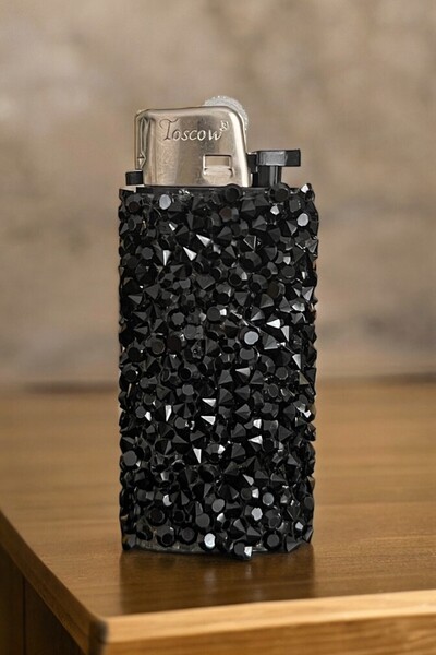 Toscow Kristal Taşlı, Kişiye Özel Çakmak, El Yapımı, Tasarım, Lüks, Mum Çakmağı, Siyah