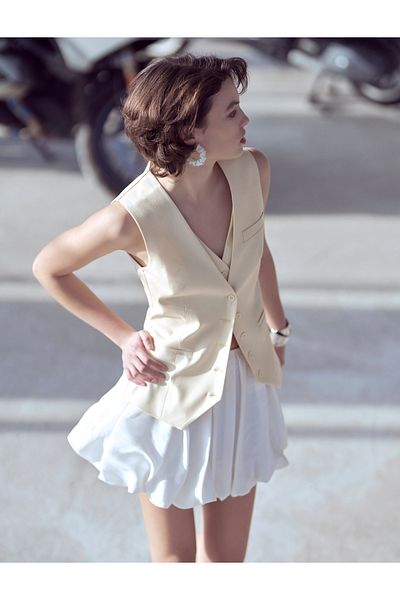Koton Double Layer Blazer Vest - Buttoned and Fleto Pocket