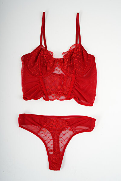 Fanwet Set de lenjerie pentru femei, cu flori roșii, din tul, bustieră, chiloți tanga - frumos