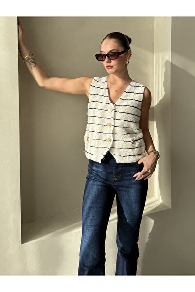 Laluvia Cream - Navy Blue 5-Button Knitwear Vest- 241019