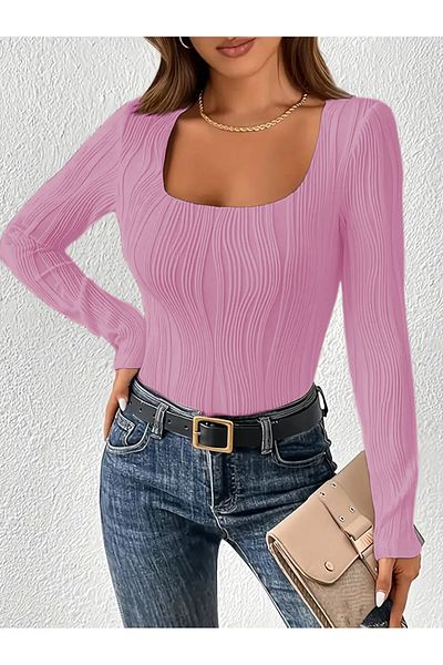 Wildco Μπλούζα Dusty Pink ριγέ Lycra - Μακρύ μανίκι, τετράγωνος γιακάς, ελαστάνη