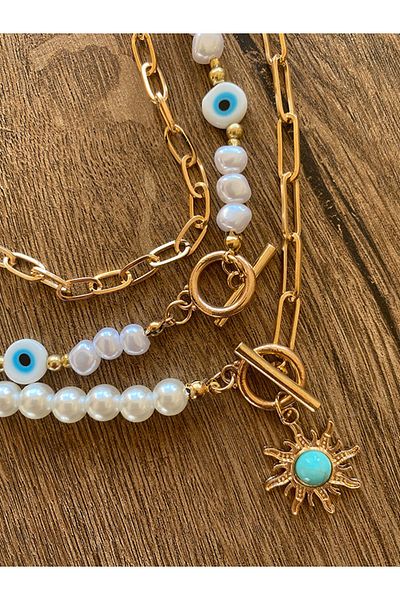 Store Layered Artificial Pearl Necklace with Sun Flower and Evil Eye Beads